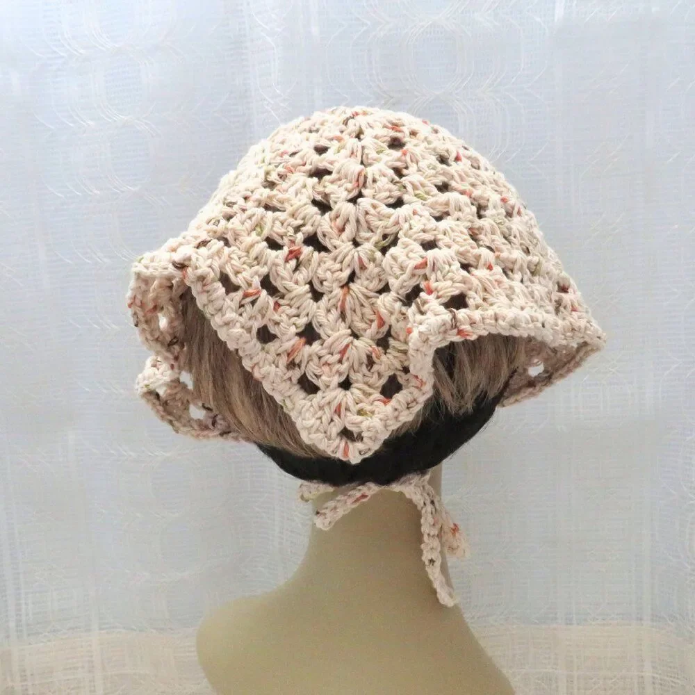 Beige Crocheted Bandana, Women Boho Cottage Core Hair Accessories, Festival Wear